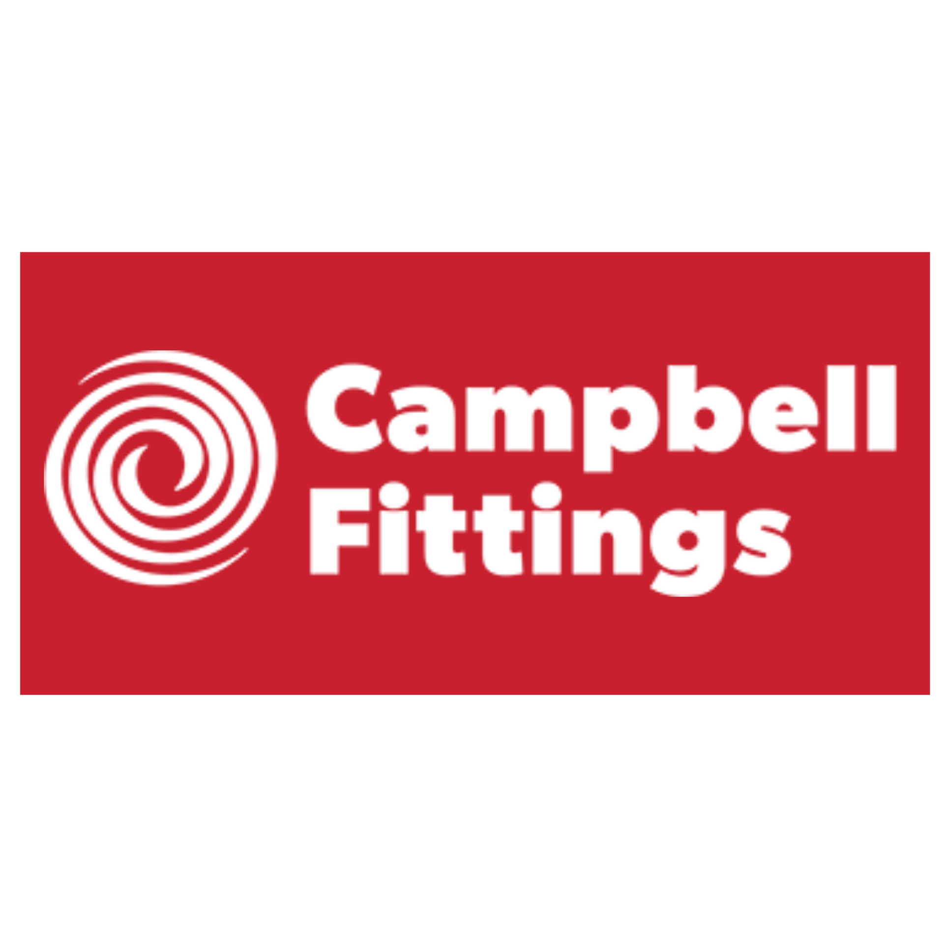 Campbell Fittings logo on red background with white spiral icon and text