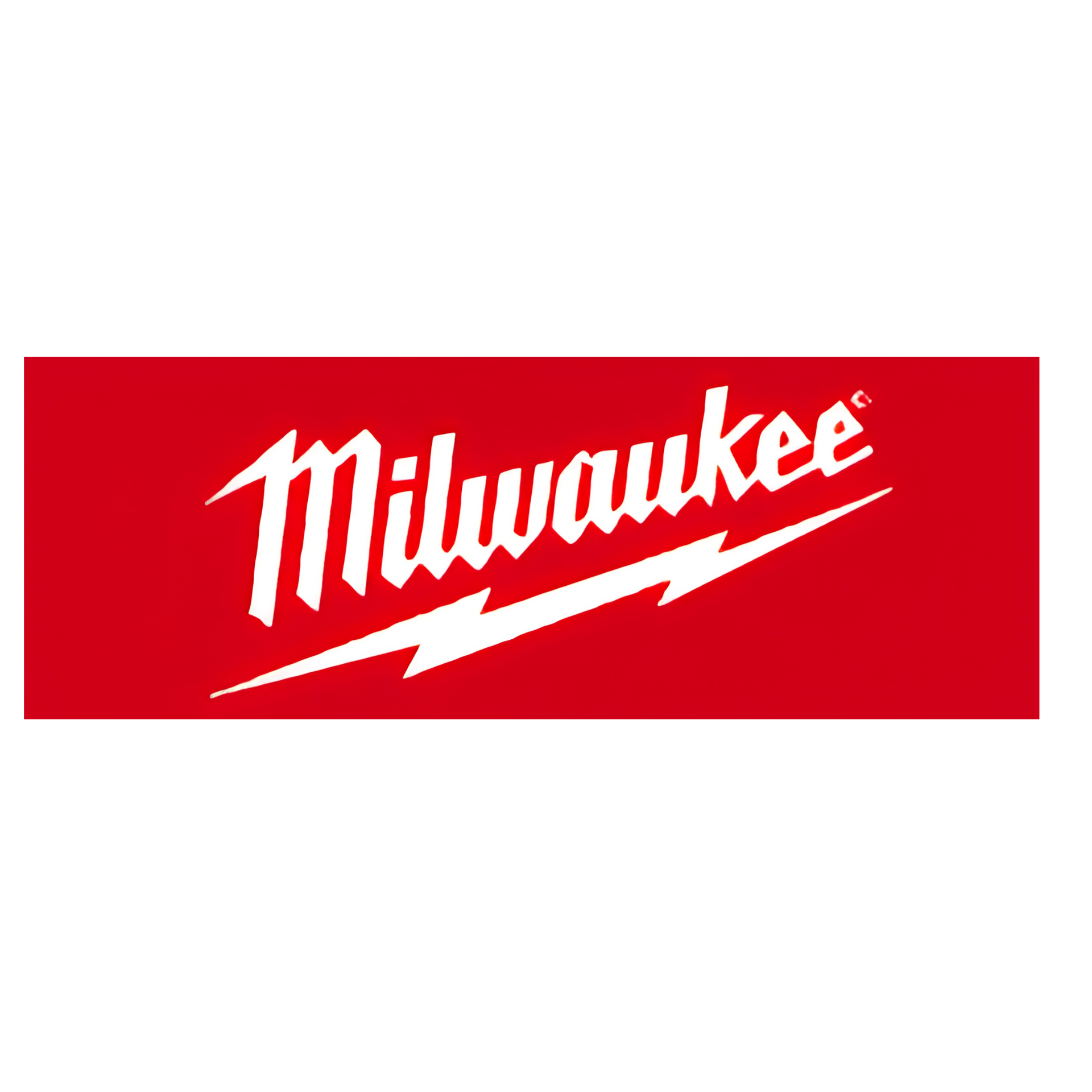 Milwaukee logo in white on a red rectangular background