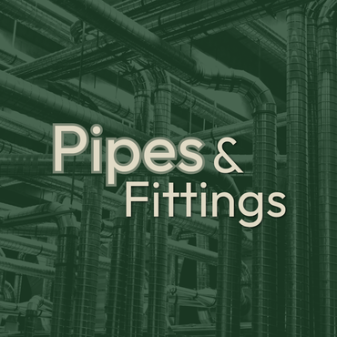 Green industrial pipes and fittings text over a background of pipework and valves
