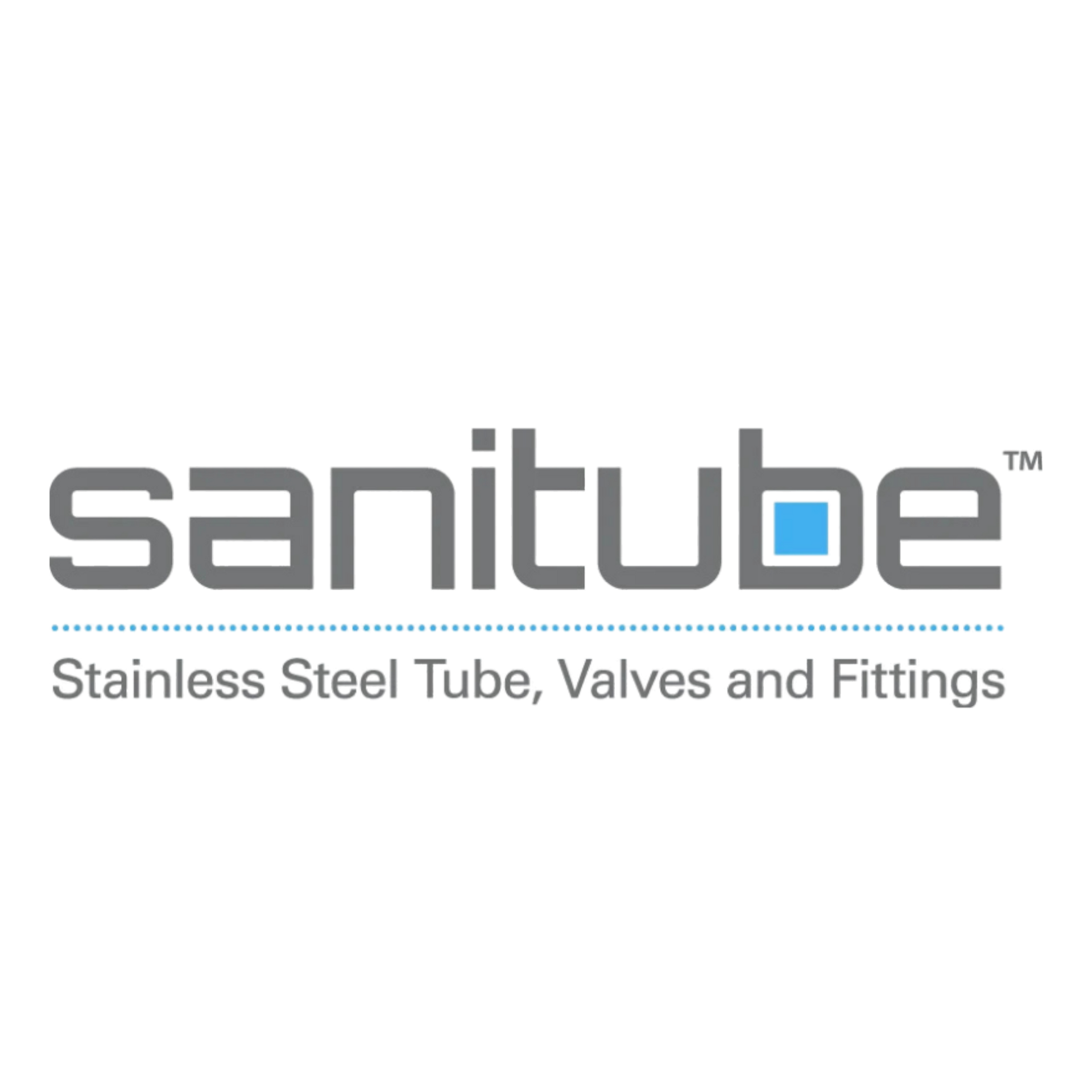 Sanitube logo on white background with gray text and blue dotted underline, “Stainless Steel Tube, Valves and Fittings”