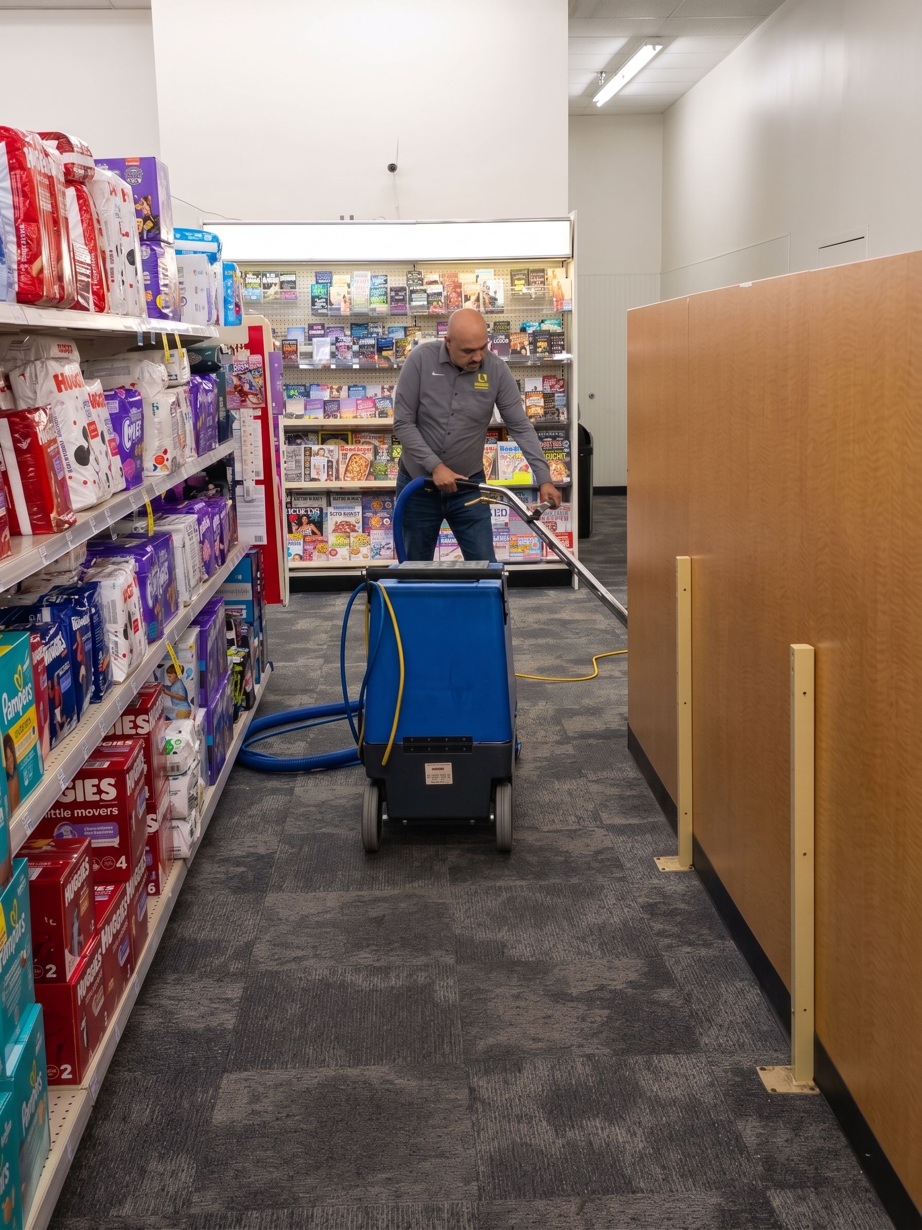 Person pushing a blue cart down a store aisle with shelves of merchandise on both sides