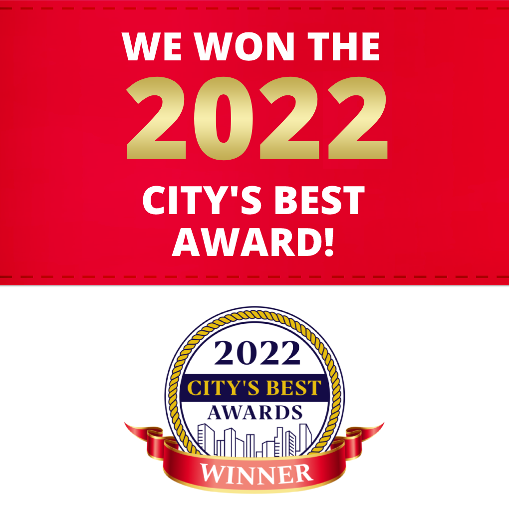 Red banner announcing “We Won the 2022 City’s Best Award” with a gold winner badge below.