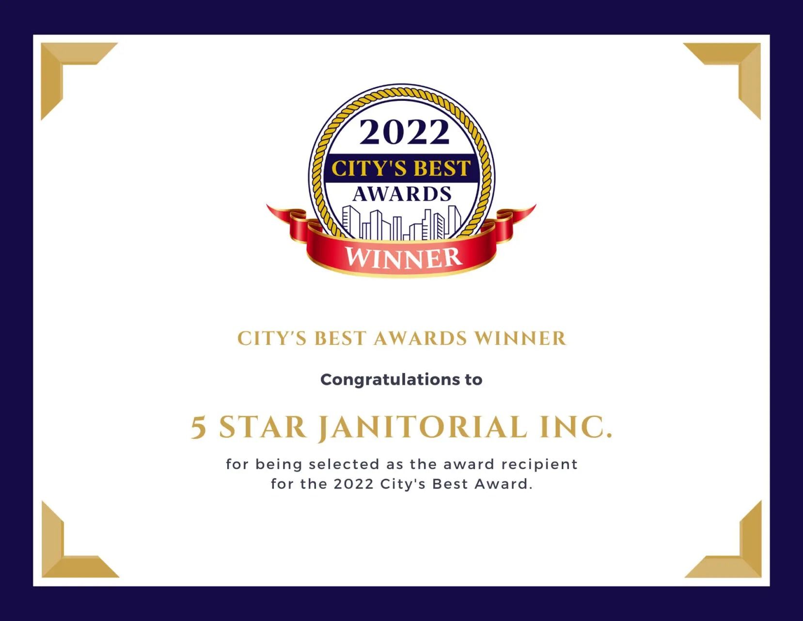 2022 City’s Best Awards Winner certificate for 5 Star Janitorial Inc. in gold and purple