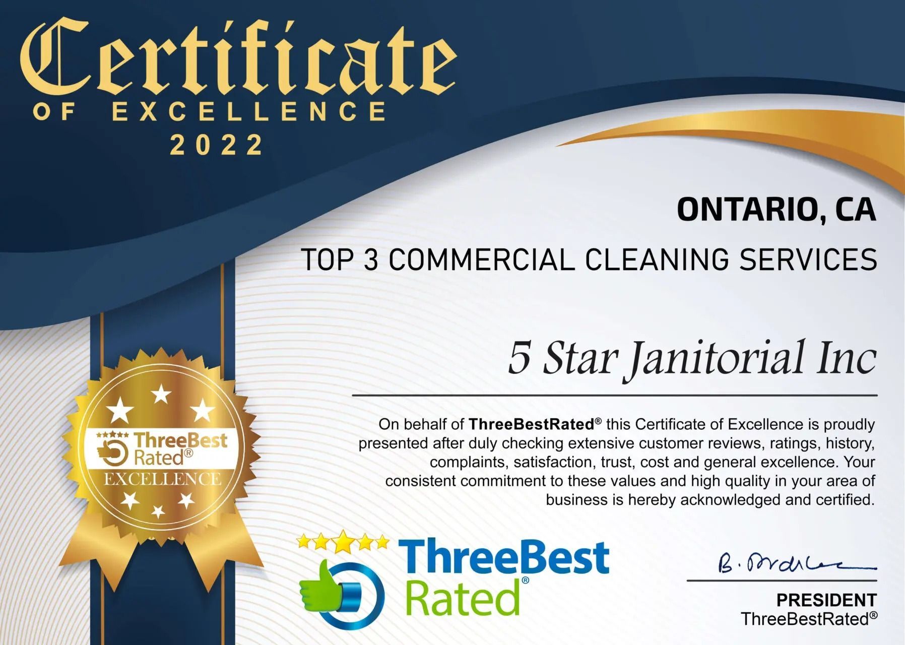 Certificate of Excellence 2022 for 5 Star Janitorial Inc. in Ontario, CA from ThreeBestRated