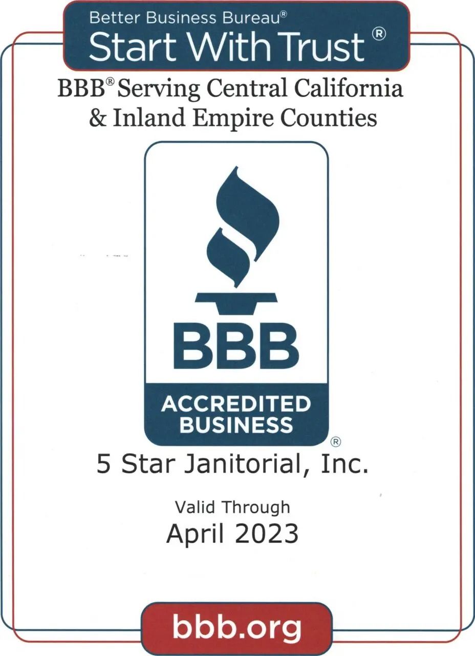 BBB Accredited Business seal for 5 Star Janitorial, Inc., valid through April 2023, with bbb.org logo