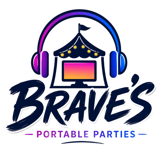 The logo for braves portable parties has a party hat on it.
