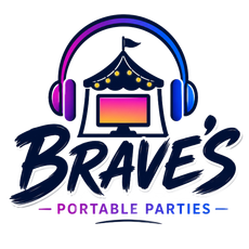 The logo for braves portable parties has a party hat on it.