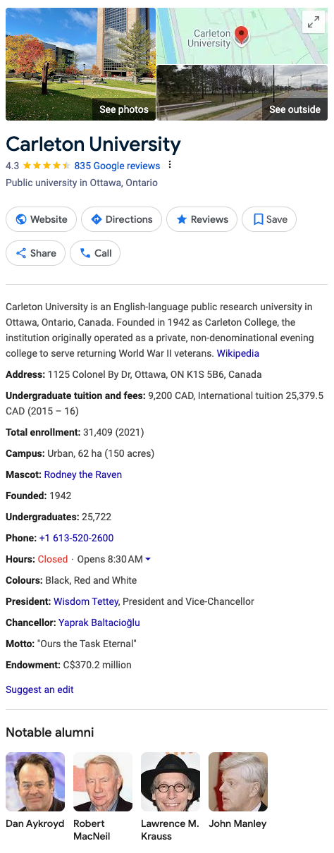 Carleton University’s Google profile combines its Ottawa address, map, reviews, campus details, and notable alumni to help with local SEO.