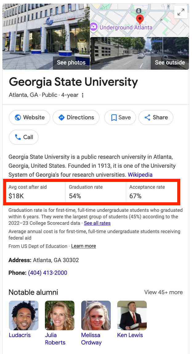 Google’s university result surfaces cost, graduation rate, acceptance rate, directions, reviews, and other decision details.