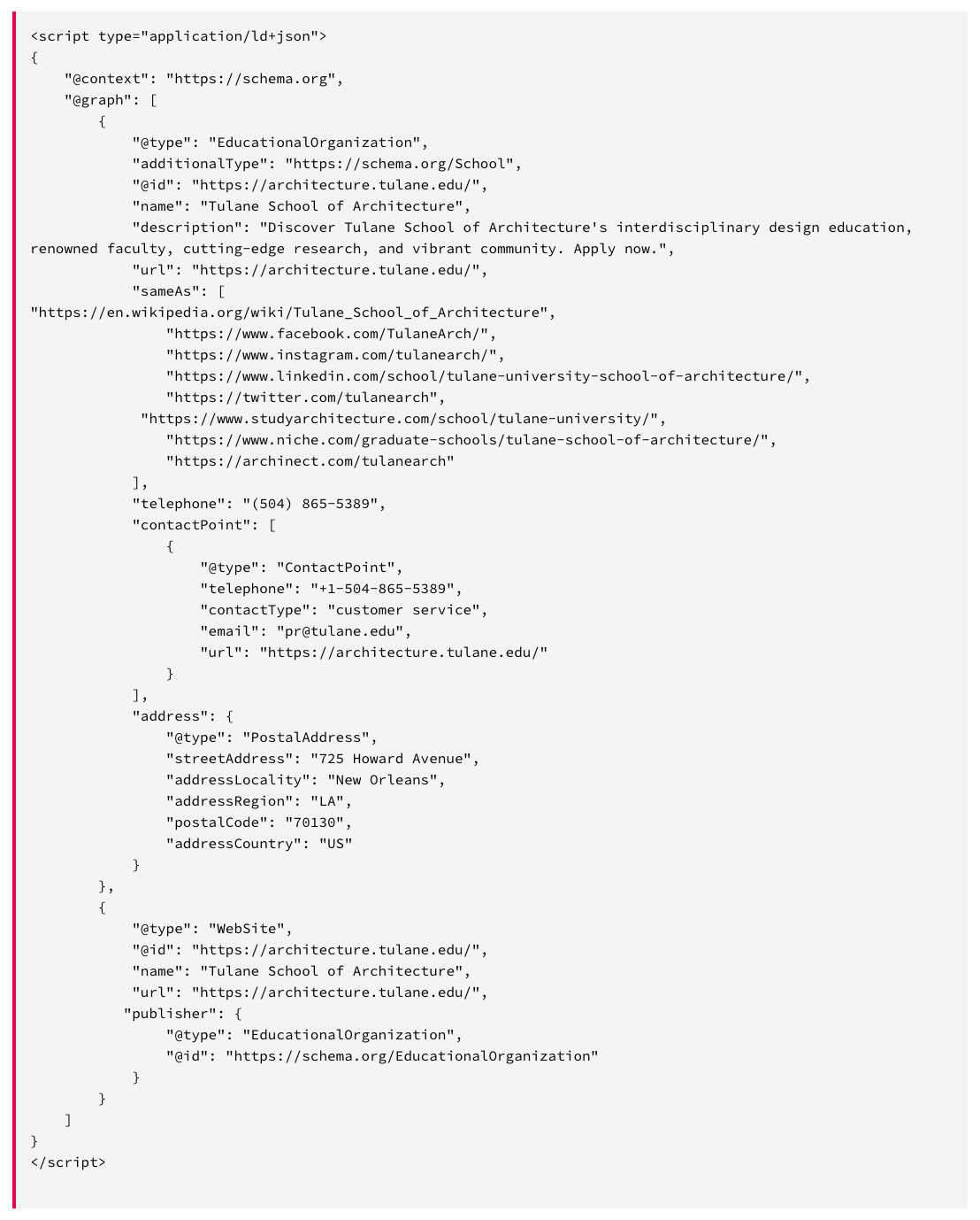 Nested schema markup example for a School of Architecture program page.