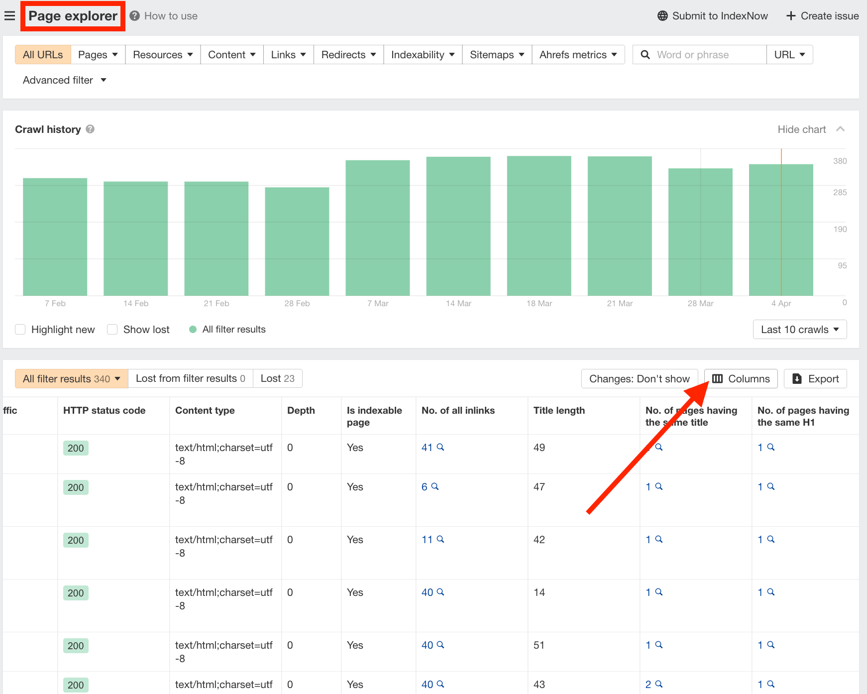Ahrefs Site Audit Page Explorer with the Columns button highlighted before exporting page data.