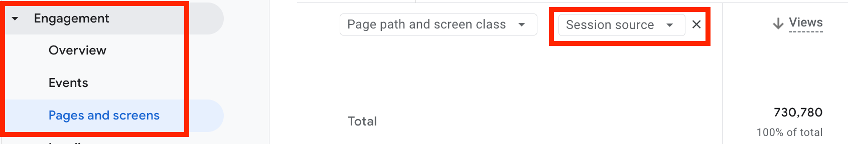 GA4 Pages and screens report with Session source added to analyze traffic sources by page.