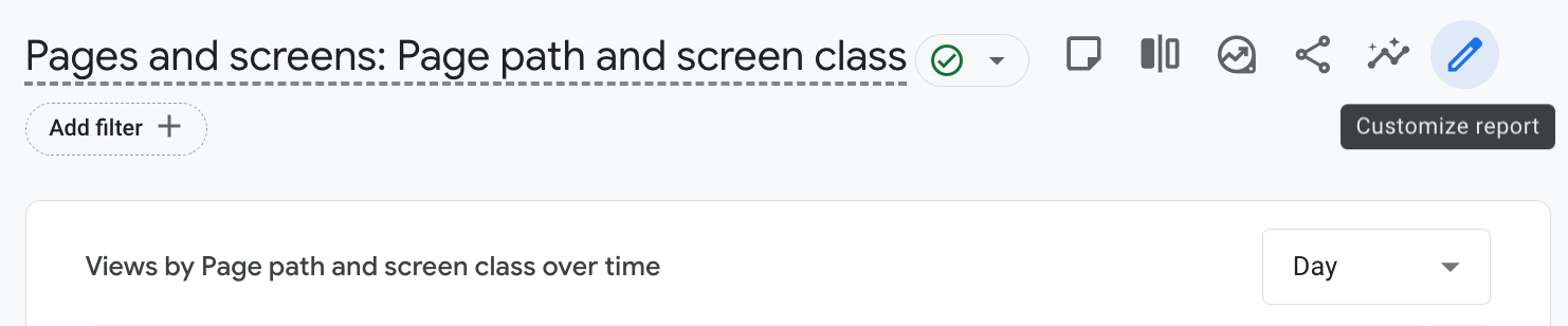 GA4 Pages and screens report with the Customize report button highlighted.