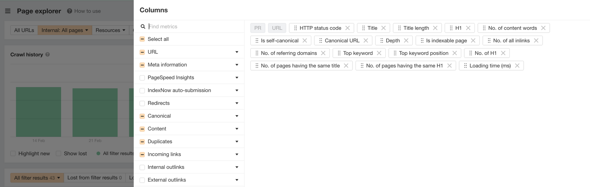 Ahrefs Page Explorer Columns panel showing selected audit fields for page content, links and keyword performance.