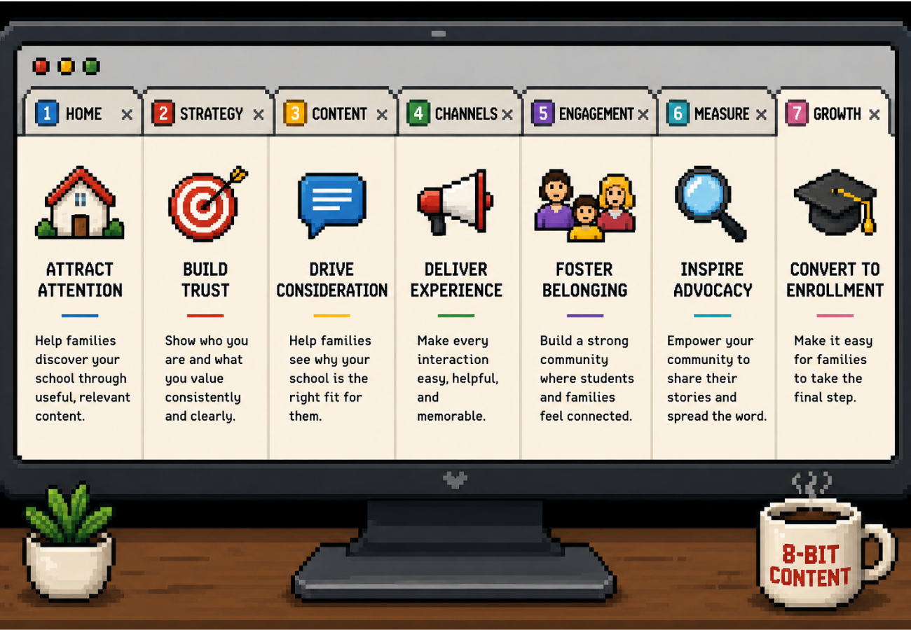 Pixel-art computer monitor showing seven stages of school content marketing: attract attention, build trust, drive consideration, deliver a strong experience, foster belonging, inspire advocacy, and convert families to enrollment.