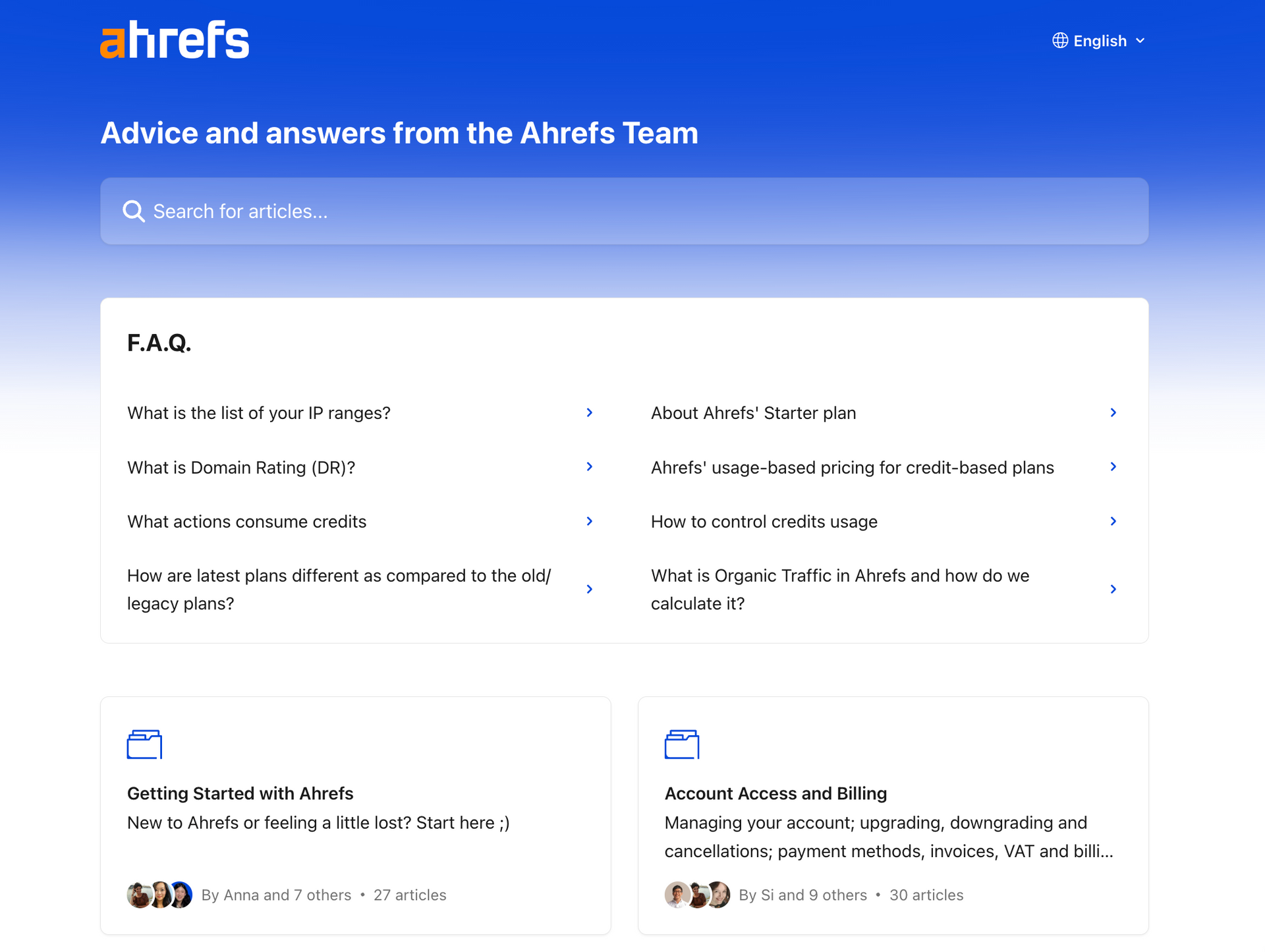 Ahrefs Help Center showing brand-specific support content for customers seeking product information.