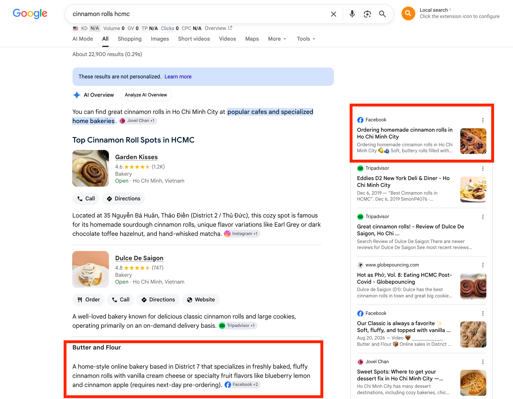 Butter & Flour Facebook result appearing in Google for the search “cinnamon rolls HCMC”.