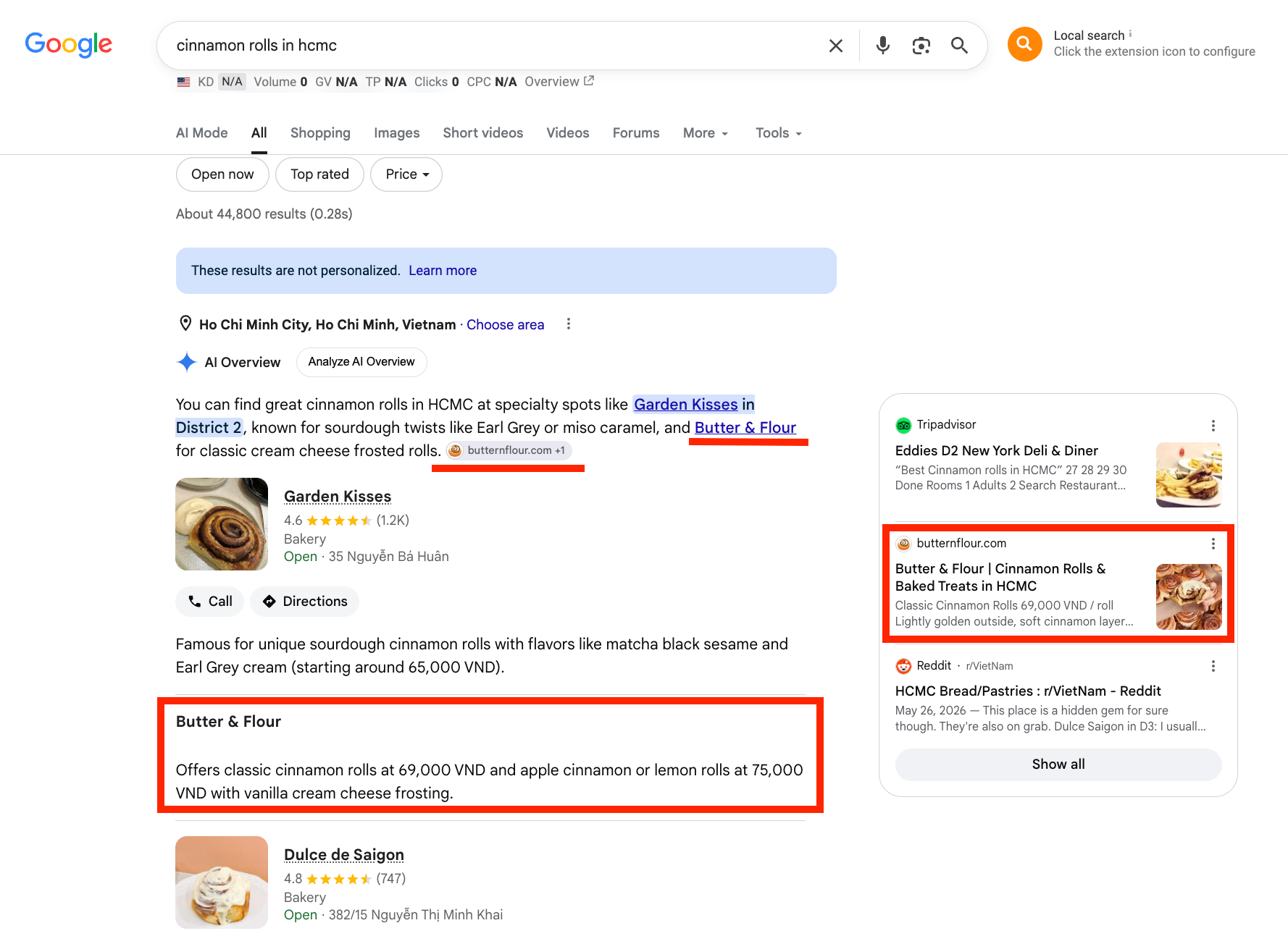 Butter & Flour website appearing in Google for the search “cinnamon rolls HCMC”.