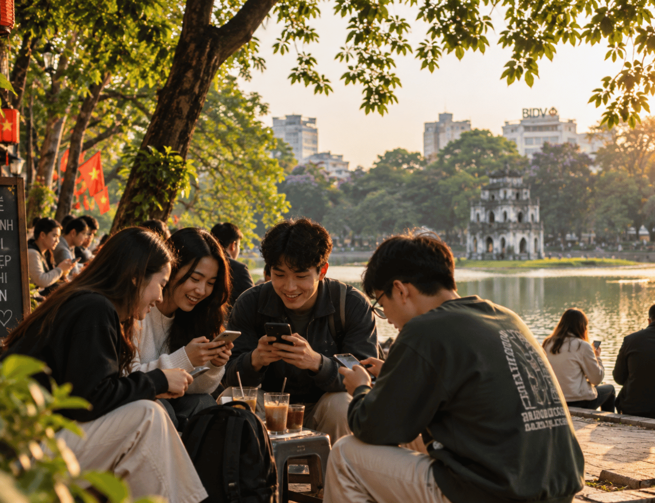 People using smartphones beside Hoàn Kiếm Lake in Hanoi, with Turtle Tower in the background