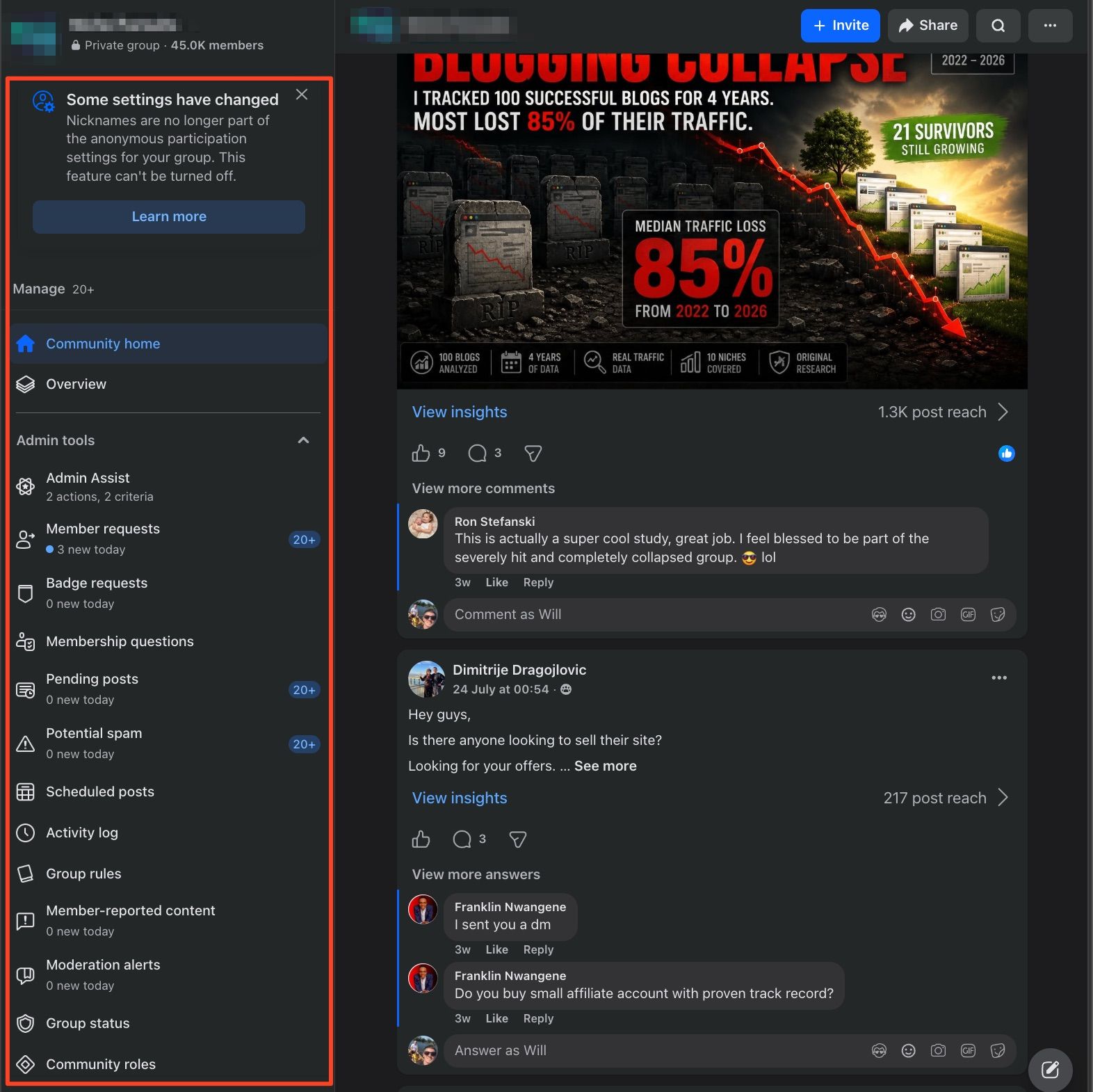 Facebook Group admin dashboard showing Admin Assist, member requests, moderation tools, and a notice that nickname settings have changed.
