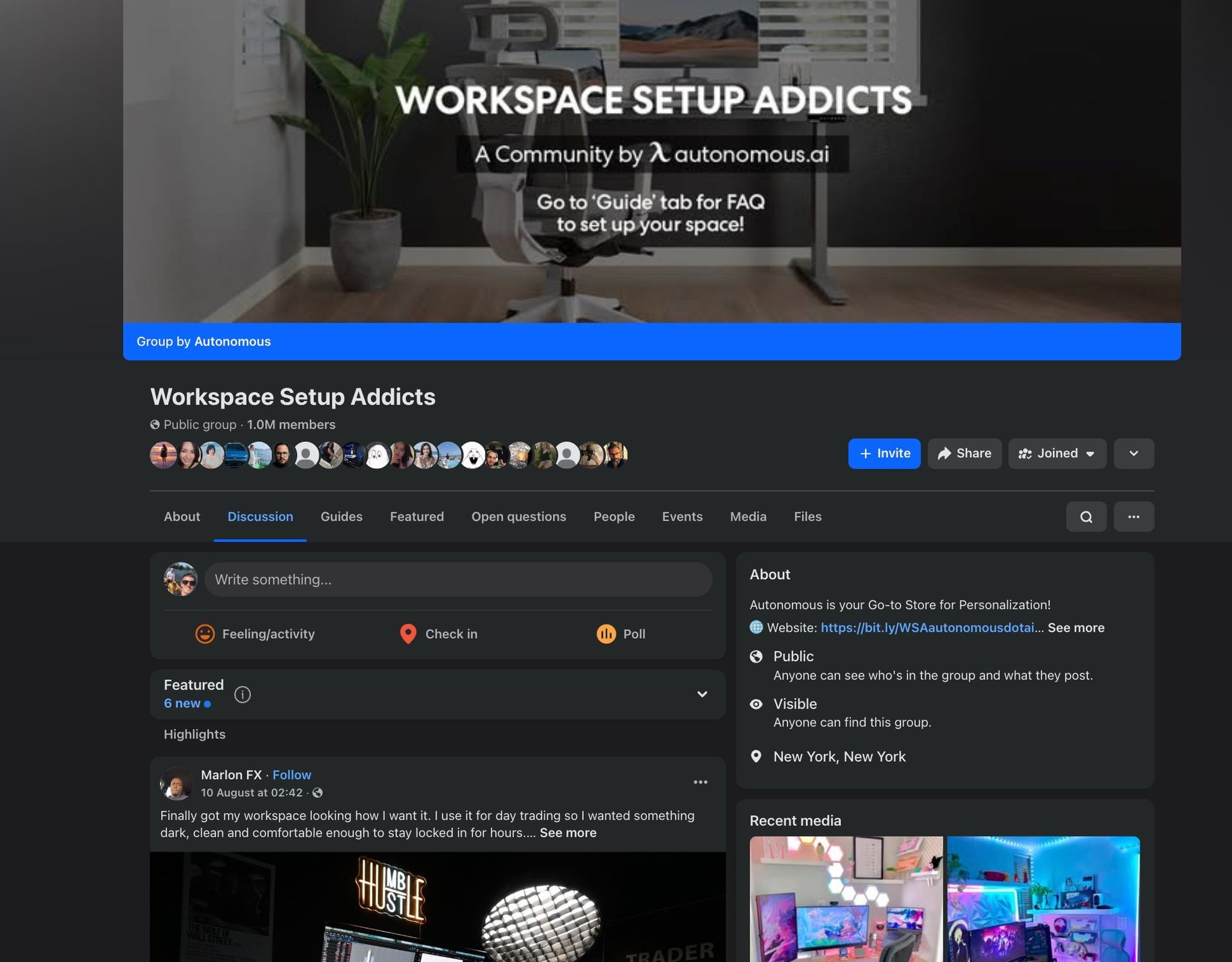 Facebook Group for Workspace Setup Addicts, a public niche community with 1M members operated by Autonomous.