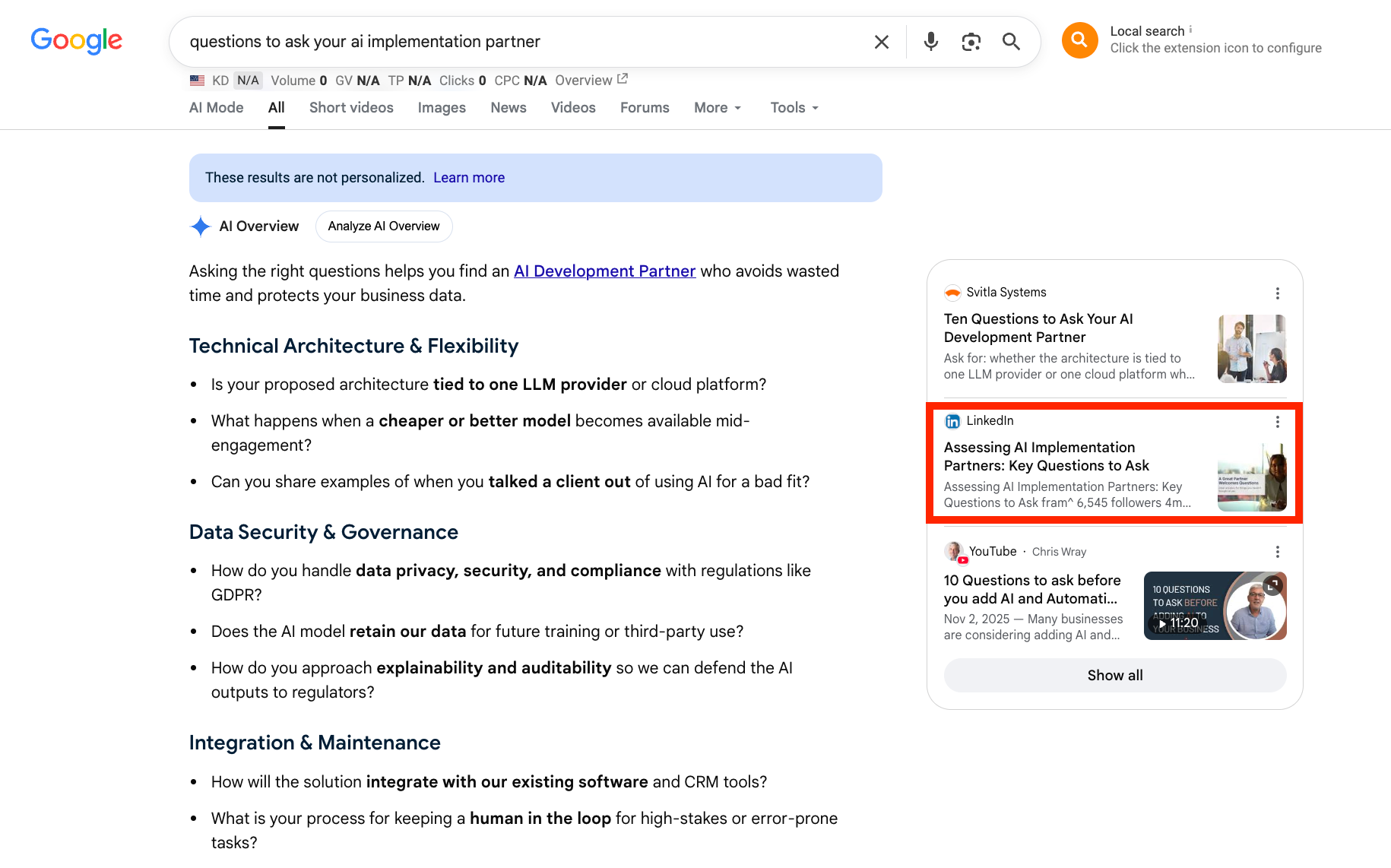 Google AI Overview for “questions to ask your AI implementation partner” showing a fram^ LinkedIn post in the source panel.