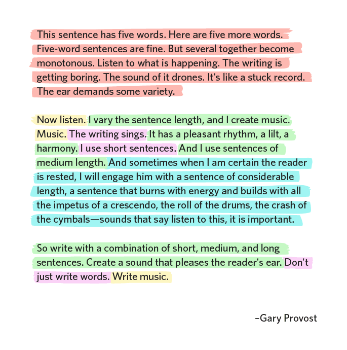 Gary Provost passage demonstrating how varied sentence lengths create rhythm and improve readability.