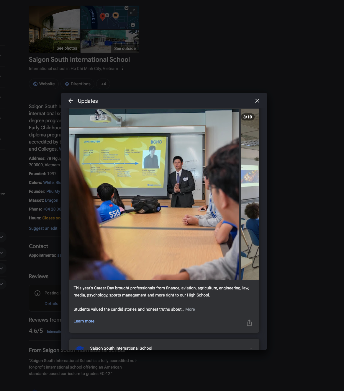 A school’s Google Business Profile update promotes Career Day to students already viewing the school in local search.