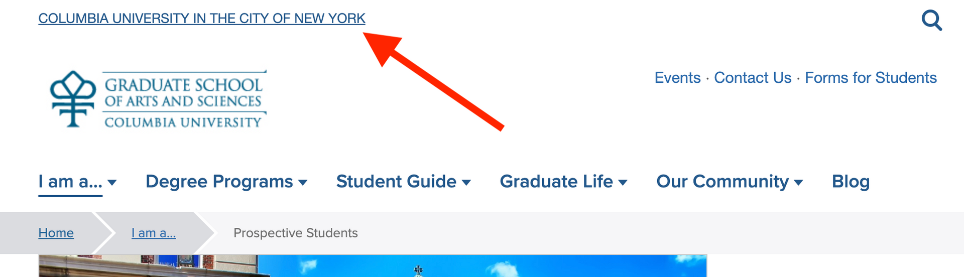 Columbia subdomain navigation linking users back to the parent university website.
