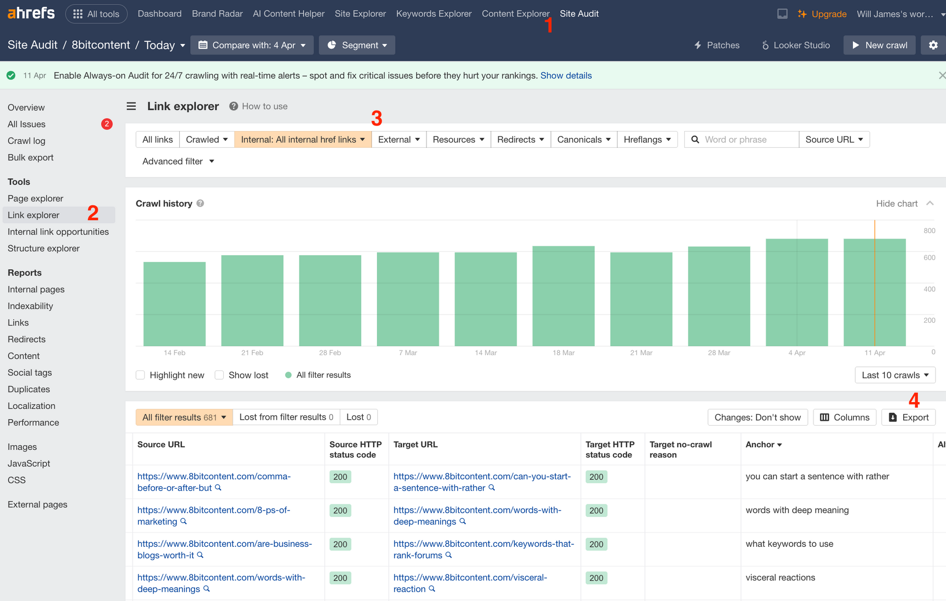 Ahrefs Site Audit Link Explorer showing the Internal href links filter and Export button for auditing internal links.