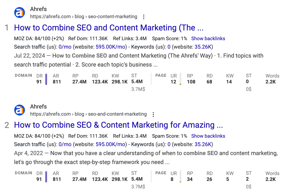 Google results showing two Ahrefs articles targeting nearly identical SEO and content marketing topics, illustrating keyword cannibalization.