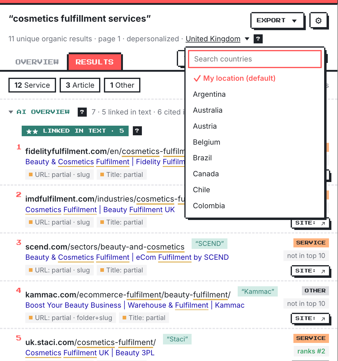 SERP Intent Finder country menu open over the Results tab, with a search box and a list of countries