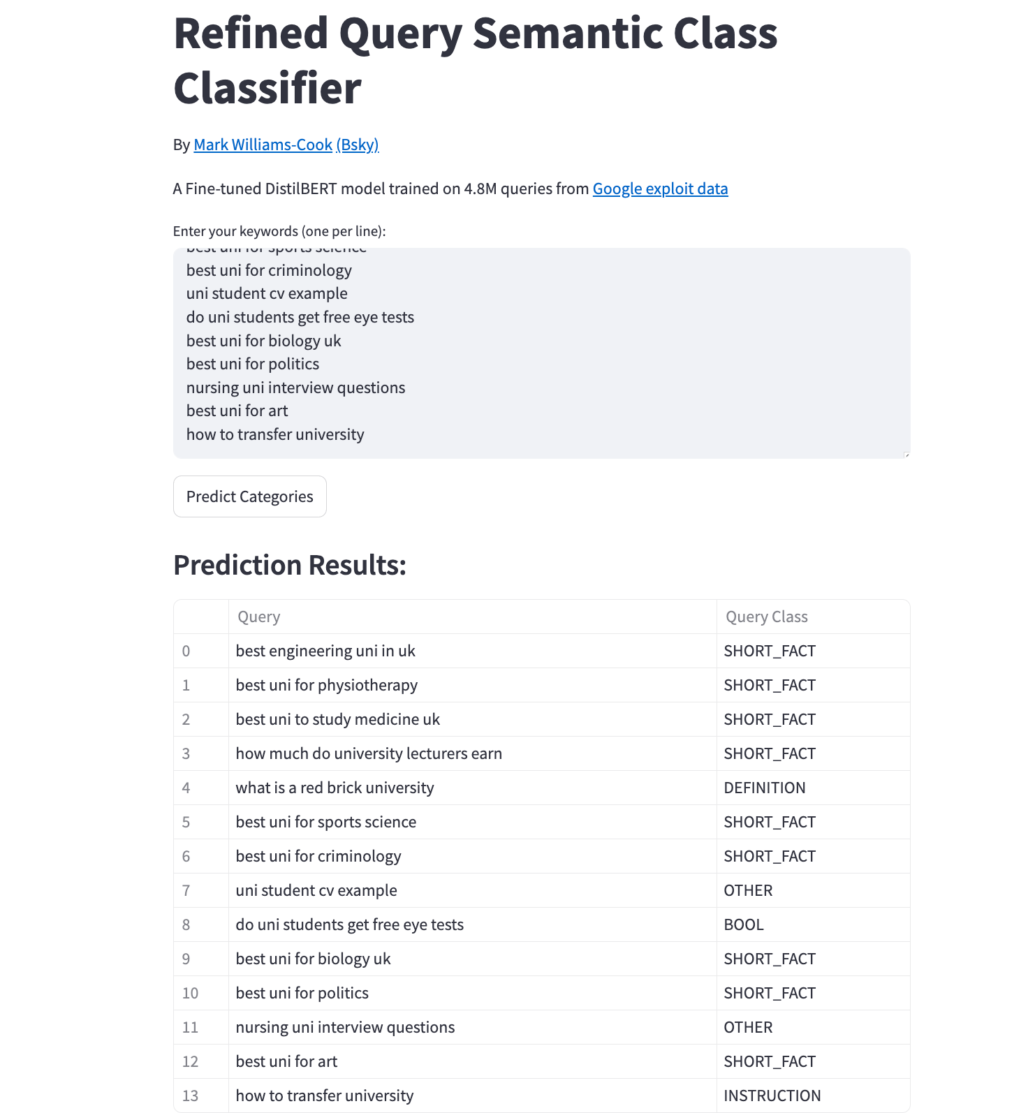 Refined Query Semantic Class Classifier mapping example searches to query classes such as SHORT_FACT, DEFINITION and INSTRUCTION.