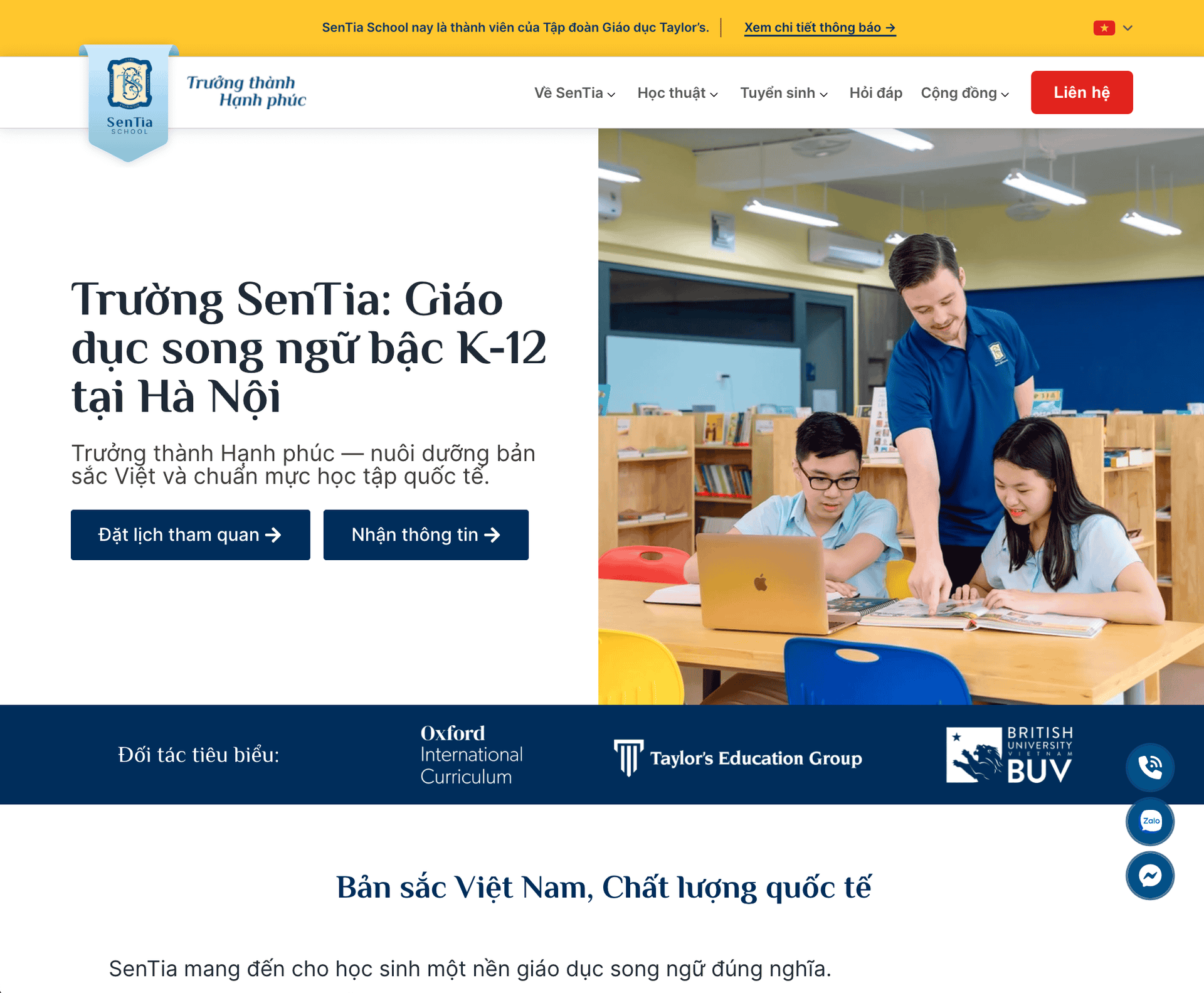 sentia school hanoi website after our work to show modern look
