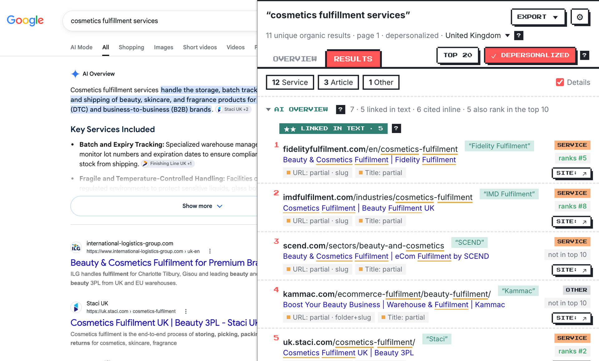 A Google results page for “cosmetics fulfillment services” with its AI Overview, next to SERP Intent Finder listing the five sources linked in the text, the linked words, and whether each ranks