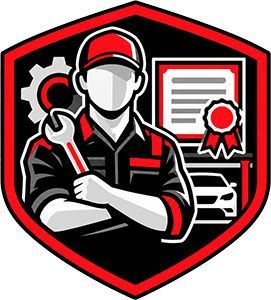 Red-and-black shield logo of a technician with wrench, gear, certificate, and car silhouette