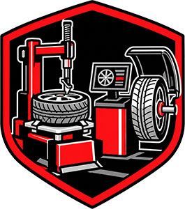 Red and black auto repair logo with tire changer, wheel, and balancing machine