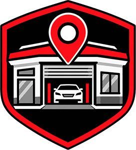Black and red auto shop logo with a map pin above a garage and car icon