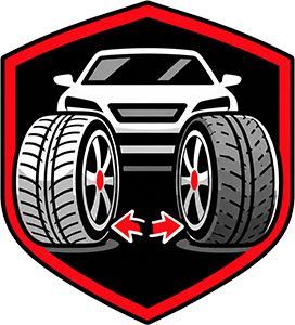 Car dealership logo: front view of car with two tires and red arrows inside a black-and-red shield