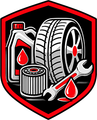 Auto service logo with tire, oil bottle, filter, wrench, and red shield emblem