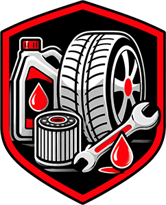 Auto service logo with tire, oil bottle, filter, wrench, and red shield emblem