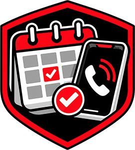 Red shield icon with calendar, checkmarks, and ringing phone symbol