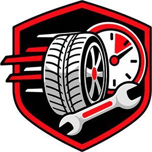 Red and black auto repair logo with tire, speedometer, and wrench icon