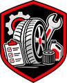 Auto repair logo with tire, wrench, clipboard, gear, and oil can in black, red, and gray shield