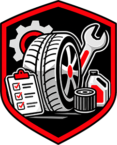 Auto repair logo with tire, wrench, clipboard, gear, and oil can in black, red, and gray shield
