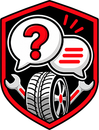 Red shield logo with two speech bubbles, a question mark, a tire, and crossed wrenches in black and red