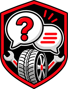 Red shield logo with two speech bubbles, a question mark, a tire, and crossed wrenches in black and red