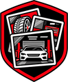 Red and black automotive emblem with a front car, tire, and garage scene layered in a shield
