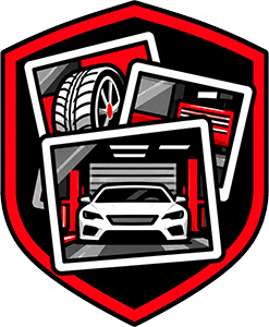 Red and black automotive emblem with a front car, tire, and garage scene layered in a shield