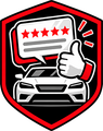 Red shield logo with a white car, five-star review bubble, and thumbs-up icon